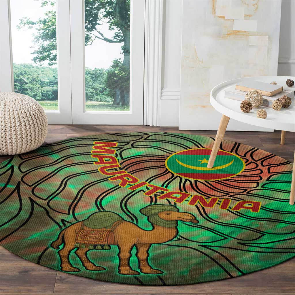 Mauritania Round Carpet - Green Tie Dye Camel and Crescent Moon Flag Design