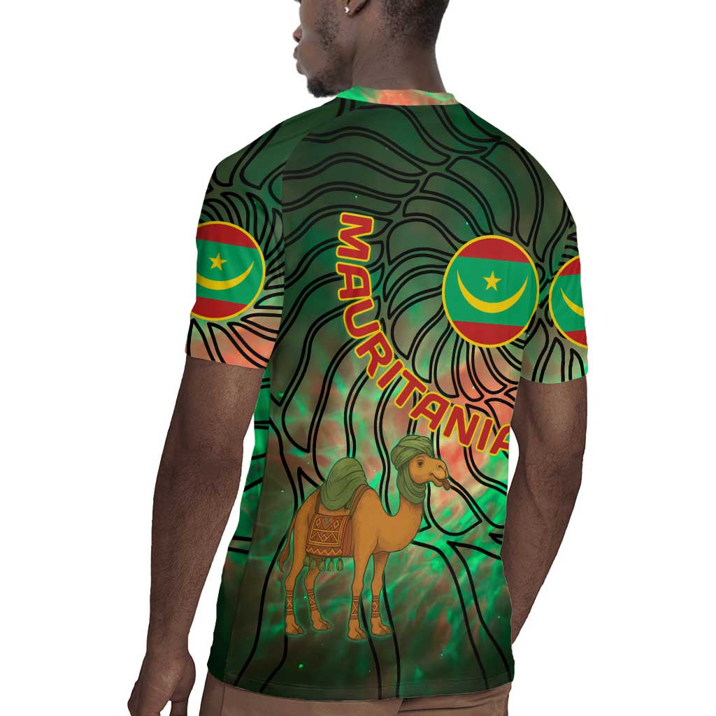 Mauritania Rugby Jersey - Green Tie Dye Camel and Crescent Moon Flag Design