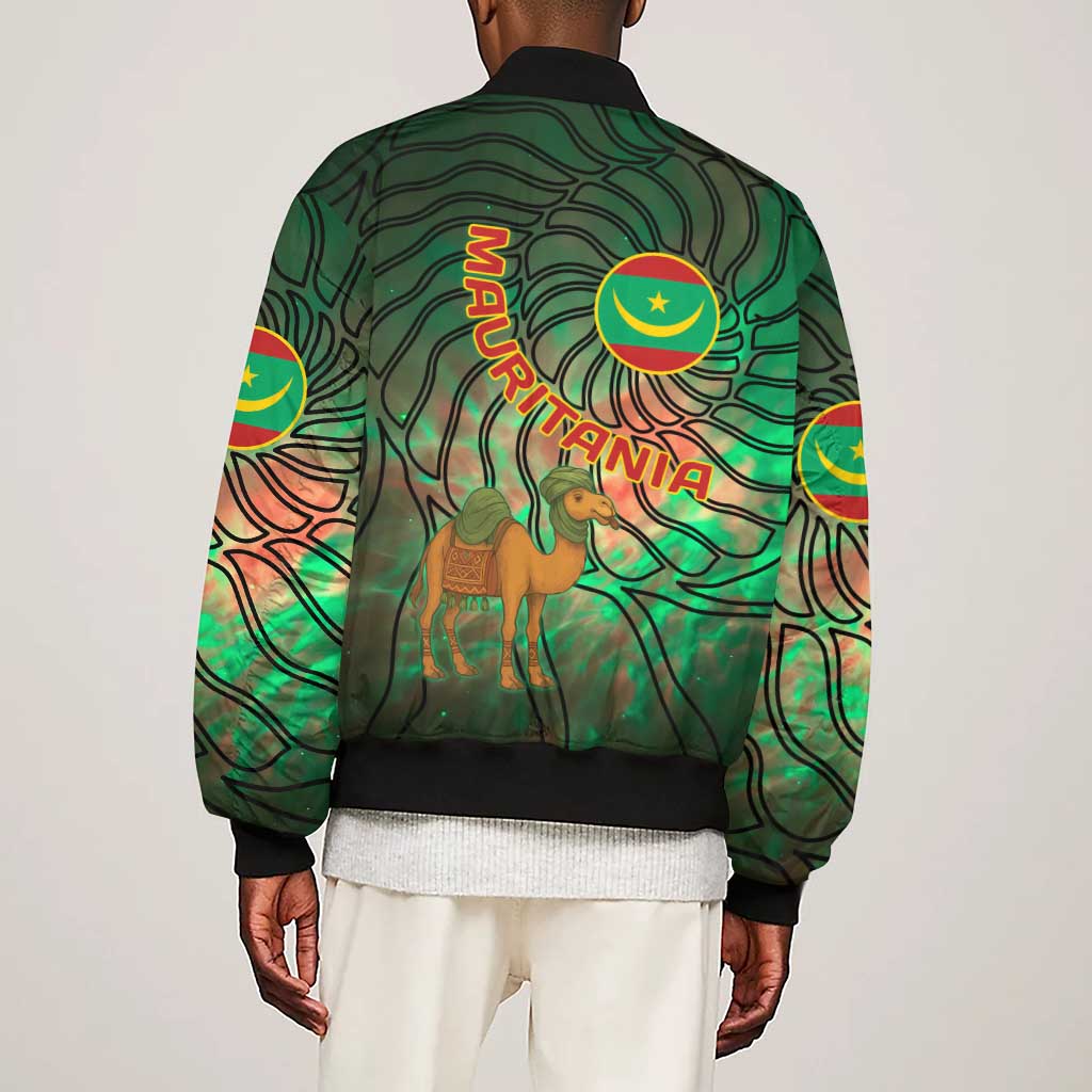 Mauritania Sleeve Zip Bomber Jacket - Green Tie Dye Camel and Crescent Moon Flag Design