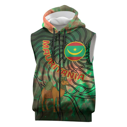 Mauritania Sleeveless Zip Hoodie - Green Tie Dye Camel and Crescent Moon Flag Design - African Pride