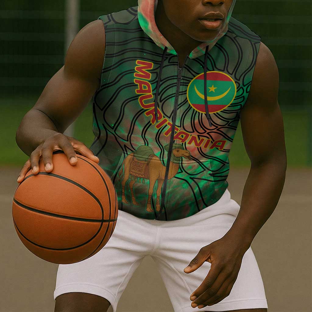 Mauritania Sleeveless Zip Hoodie - Green Tie Dye Camel and Crescent Moon Flag Design - African Pride