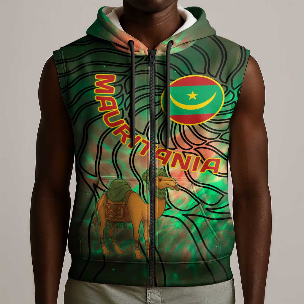 Mauritania Sleeveless Zip Hoodie - Green Tie Dye Camel and Crescent Moon Flag Design - African Pride