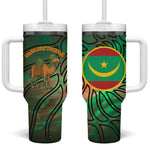 Mauritania Tumbler With Handle - Green Tie Dye Camel and Crescent Moon Flag Design