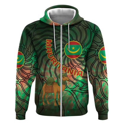 Mauritania Zip Hoodie - Green Tie Dye Camel and Crescent Moon Flag Design
