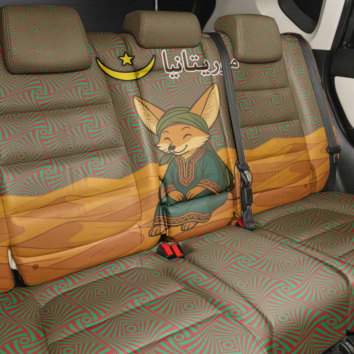 Mauritania Back Car Seat Cover - Cute Fennec Fox and Arabic Calligraphy Desert Design