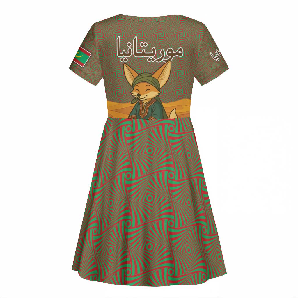 Mauritania Kid Short Sleeve Dress - Cute Fennec Fox and Arabic Calligraphy Desert Design