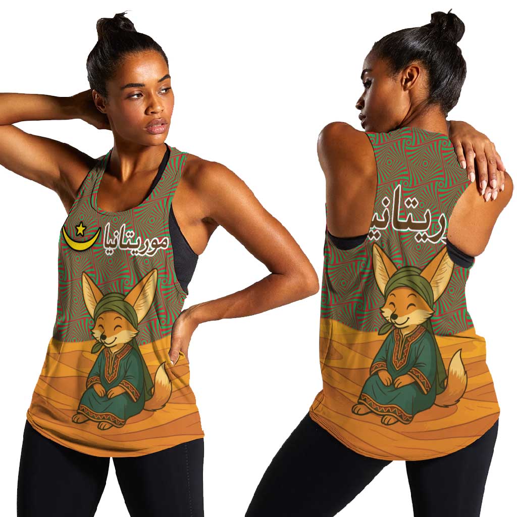 Mauritania Women Racerback Tank - Cute Fennec Fox and Arabic Calligraphy Desert Design