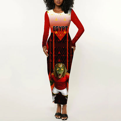 Personalized Egypt Soccer Sobek Crocodile Mascot Long Sleeve Bodycon Dress Pharaoh Mascot Egyptian Hieroglyphic