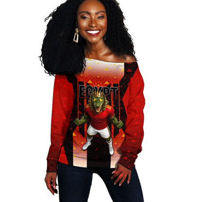 Personalized Egypt Soccer Sobek Crocodile Mascot Off Shoulder Sweater Pharaoh Mascot Egyptian Hieroglyphic