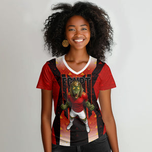 Personalized Egypt Soccer Sobek Crocodile Mascot Women V-Neck T-Shirt Pharaoh Mascot Egyptian Hieroglyphic