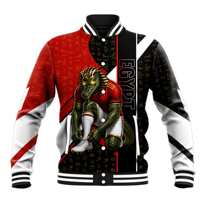 Personalized Egypt Soccer Sobek Crocodile Mascot Baseball Jacket Ancient Egyptian Hieroglyphic Stripe