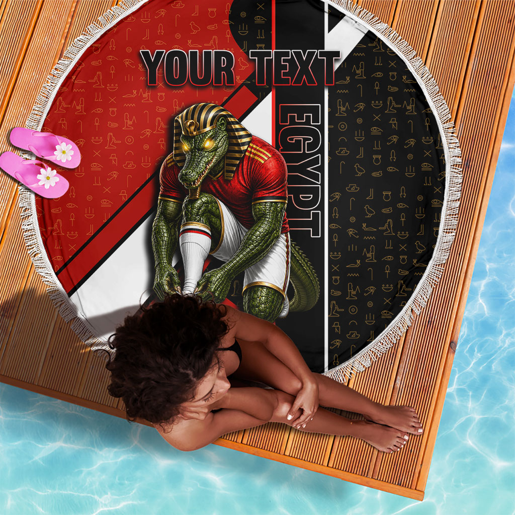 Personalized Egypt Soccer Sobek Crocodile Mascot Beach Blanket Ancient Egyptian Hieroglyphic Stripe