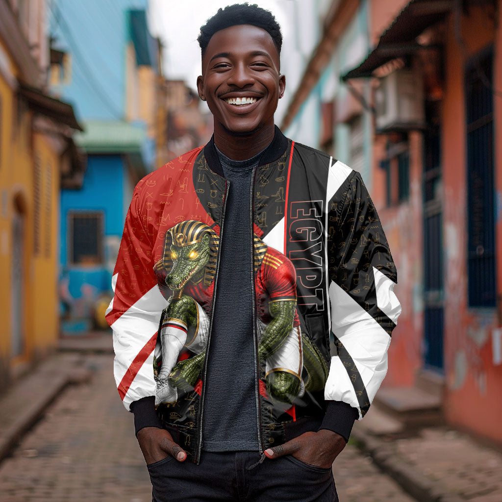Personalized Egypt Soccer Sobek Crocodile Mascot Bomber Jacket Ancient Egyptian Hieroglyphic Stripe
