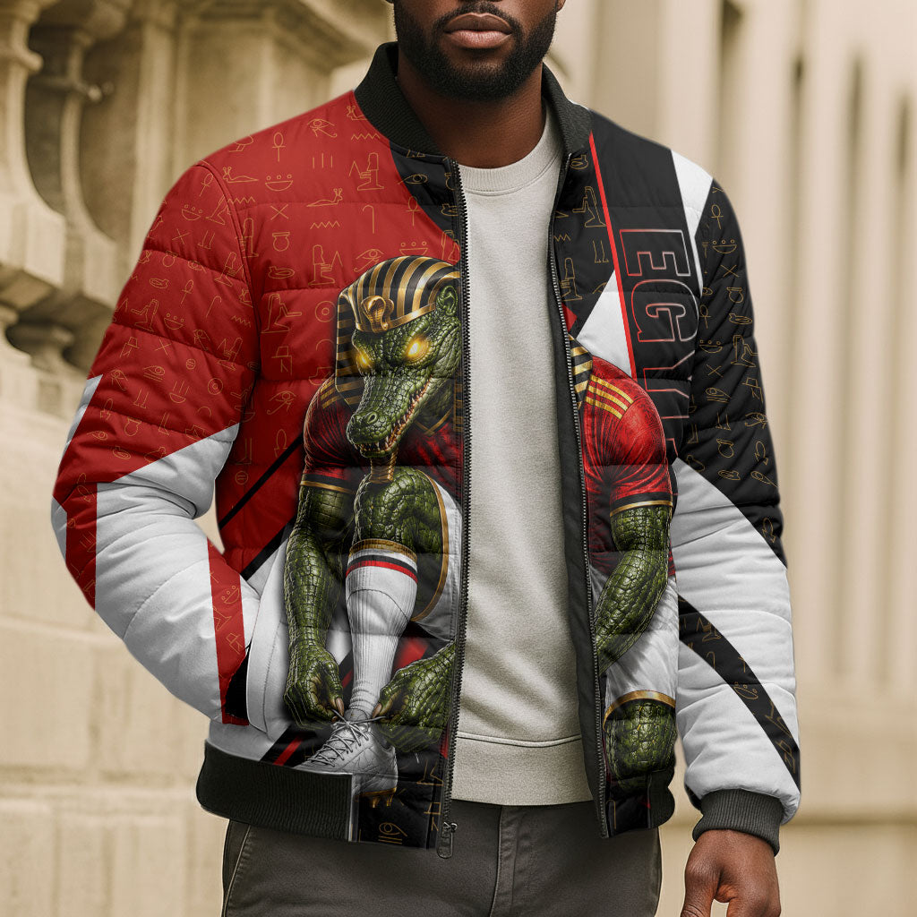 Personalized Egypt Soccer Sobek Crocodile Mascot Bomber Puffer Jacket Ancient Egyptian Hieroglyphic Stripe