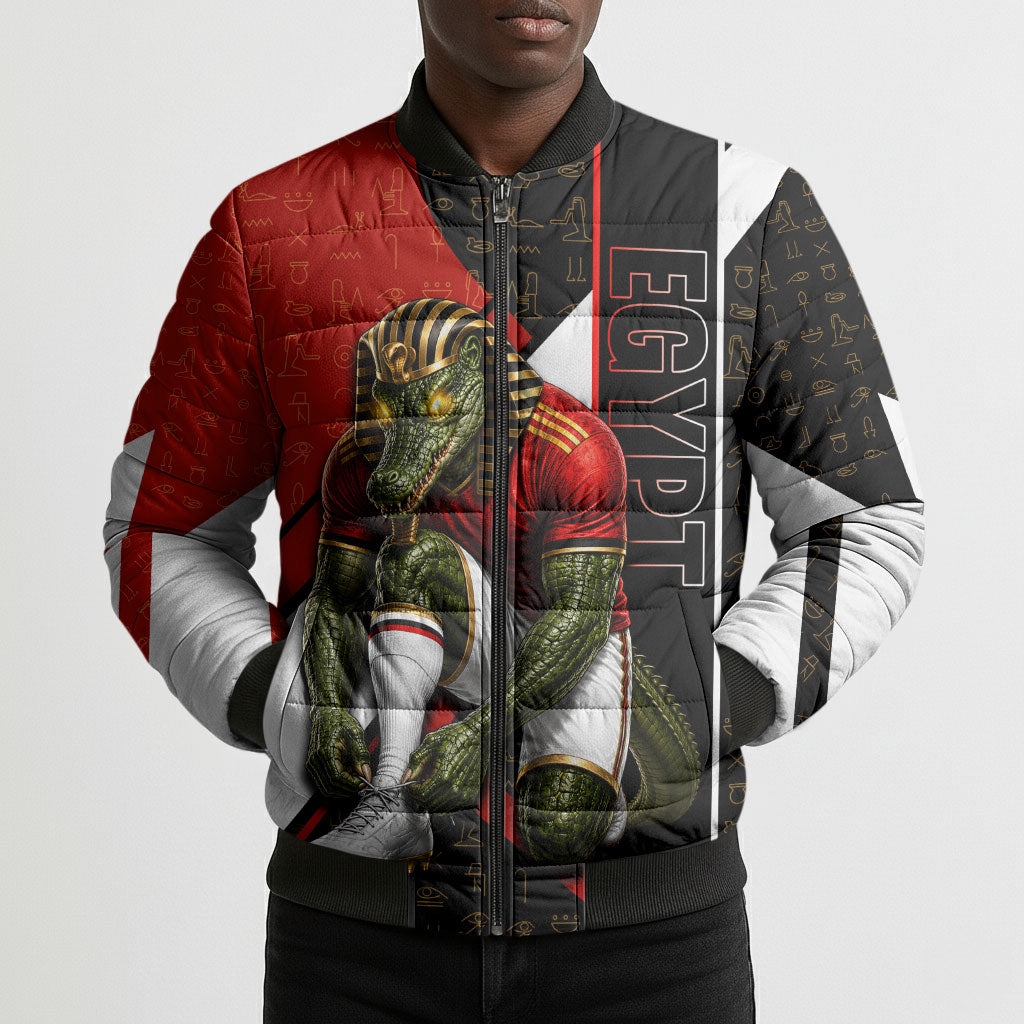 Personalized Egypt Soccer Sobek Crocodile Mascot Bomber Puffer Jacket Ancient Egyptian Hieroglyphic Stripe