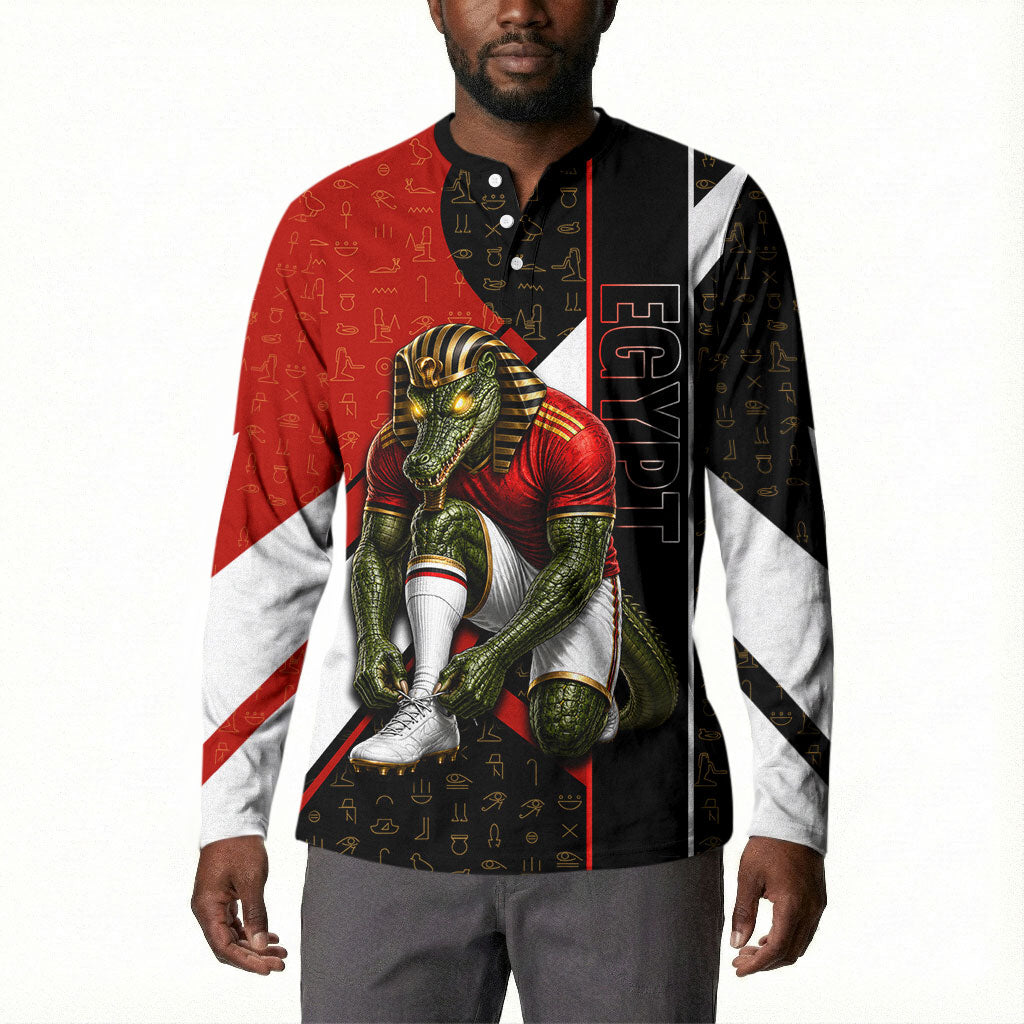 Personalized Egypt Soccer Sobek Crocodile Mascot Button Sweatshirt Ancient Egyptian Hieroglyphic Stripe
