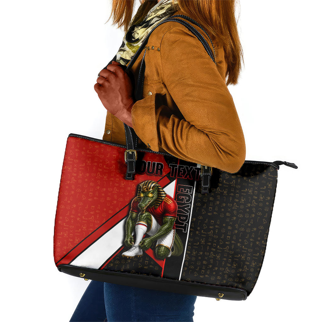 Personalized Egypt Soccer Sobek Crocodile Mascot Leather Tote Bag Ancient Egyptian Hieroglyphic Stripe