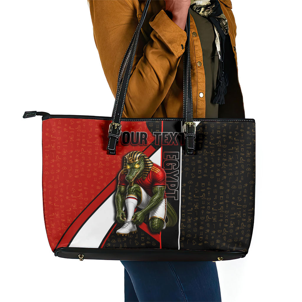 Personalized Egypt Soccer Sobek Crocodile Mascot Leather Tote Bag Ancient Egyptian Hieroglyphic Stripe