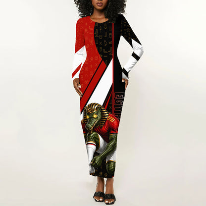 Personalized Egypt Soccer Sobek Crocodile Mascot Long Sleeve Bodycon Dress Ancient Egyptian Hieroglyphic Stripe