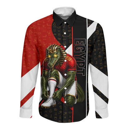 Personalized Egypt Soccer Sobek Crocodile Mascot Long Sleeve Button Shirt Ancient Egyptian Hieroglyphic Stripe