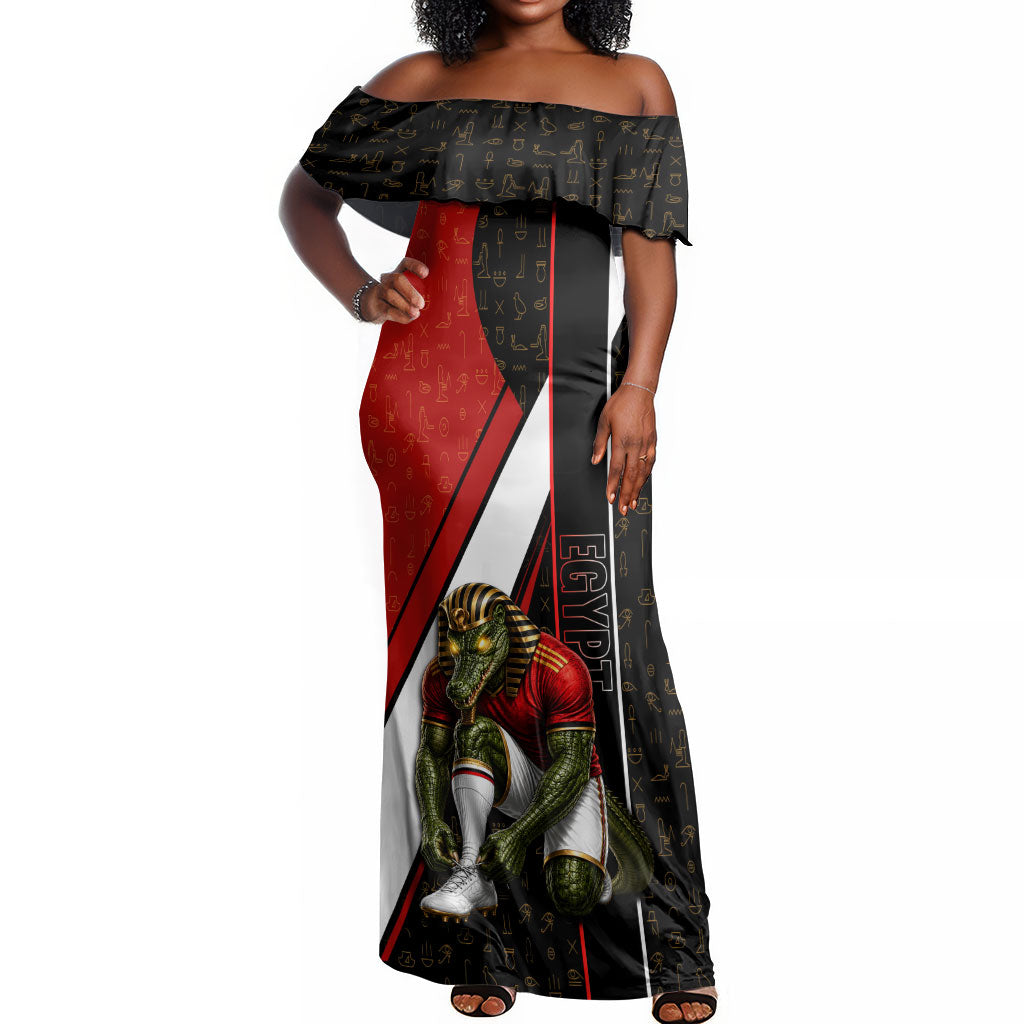 Personalized Egypt Soccer Sobek Crocodile Mascot Off Shoulder Maxi Dress Ancient Egyptian Hieroglyphic Stripe