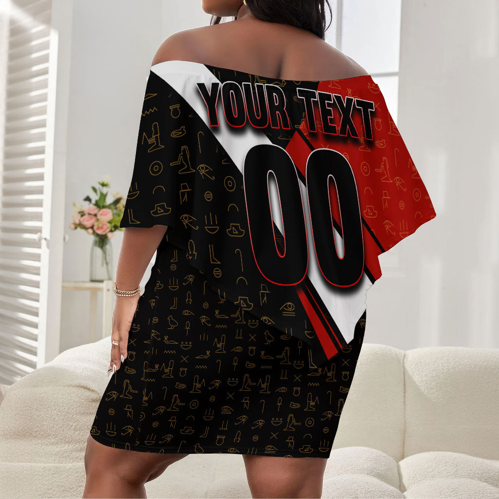 Personalized Egypt Soccer Sobek Crocodile Mascot Off Shoulder Short Dress Ancient Egyptian Hieroglyphic Stripe