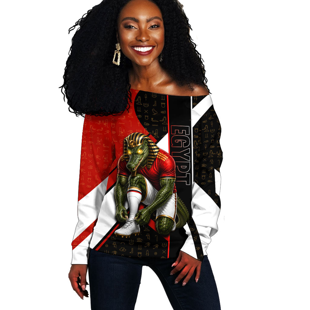 Personalized Egypt Soccer Sobek Crocodile Mascot Off Shoulder Sweater Ancient Egyptian Hieroglyphic Stripe