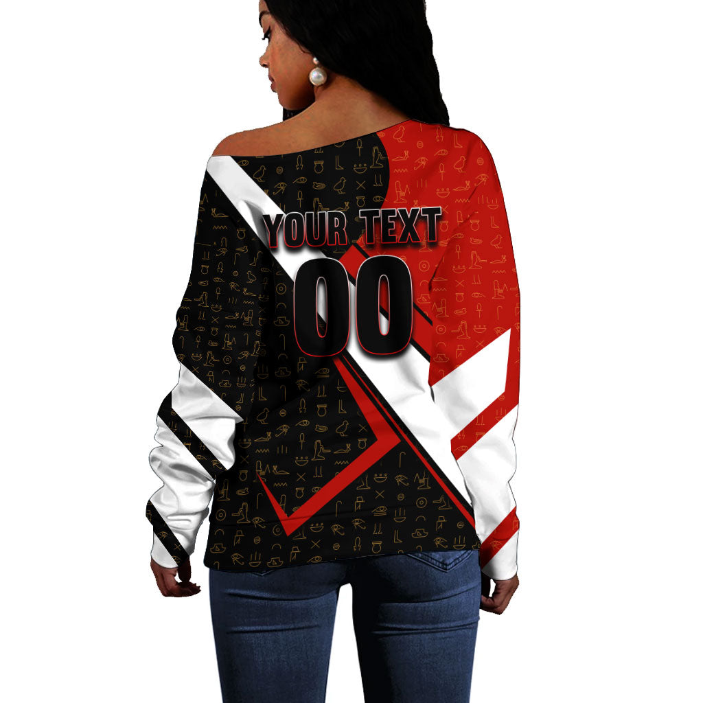 Personalized Egypt Soccer Sobek Crocodile Mascot Off Shoulder Sweater Ancient Egyptian Hieroglyphic Stripe