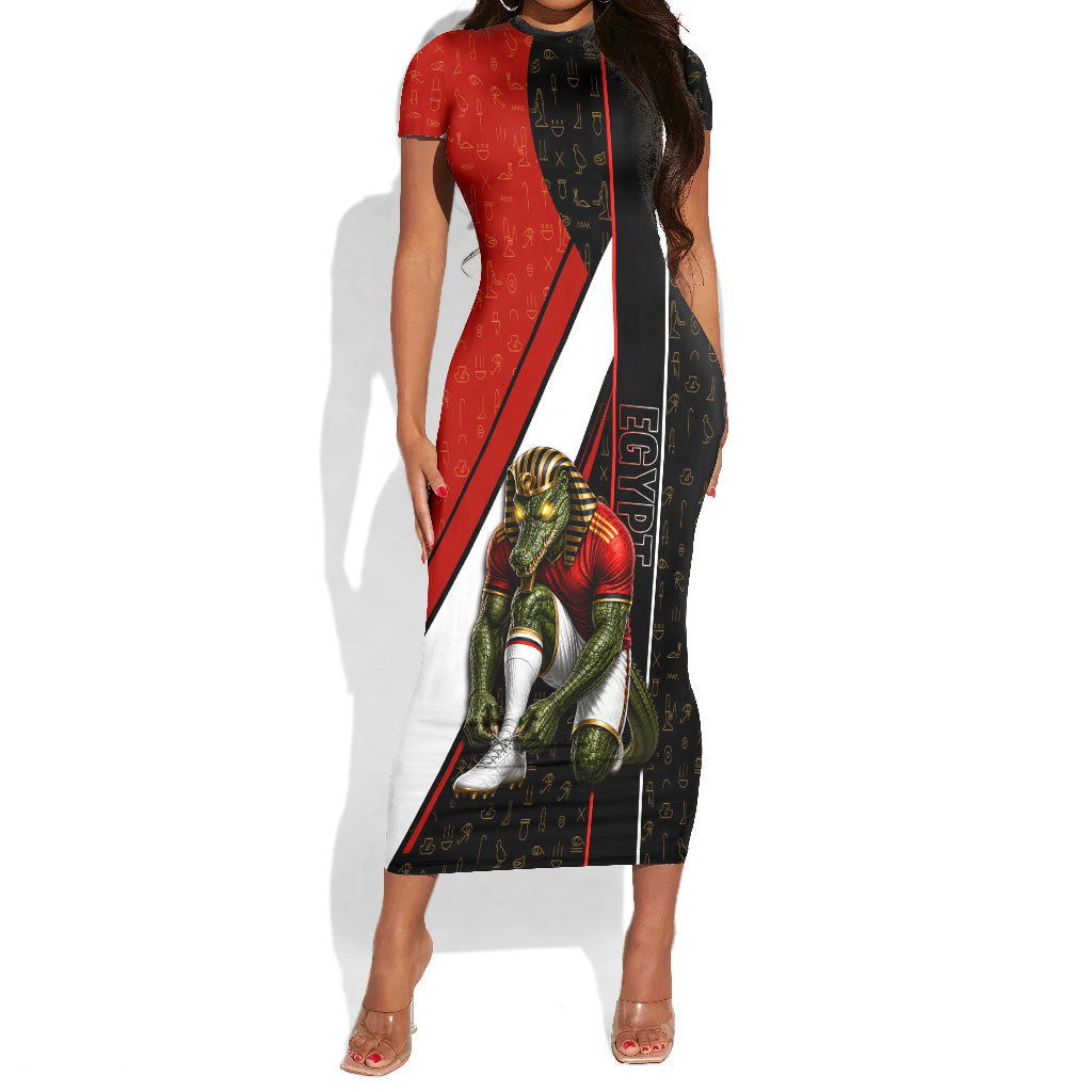 Personalized Egypt Soccer Sobek Crocodile Mascot Short Sleeve Bodycon Dress Ancient Egyptian Hieroglyphic Stripe
