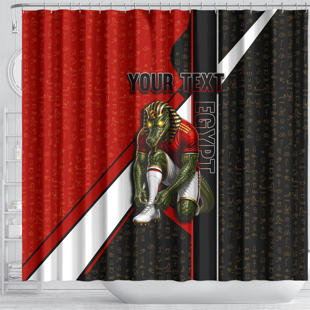 Personalized Egypt Soccer Sobek Crocodile Mascot Shower Curtain Ancient Egyptian Hieroglyphic Stripe