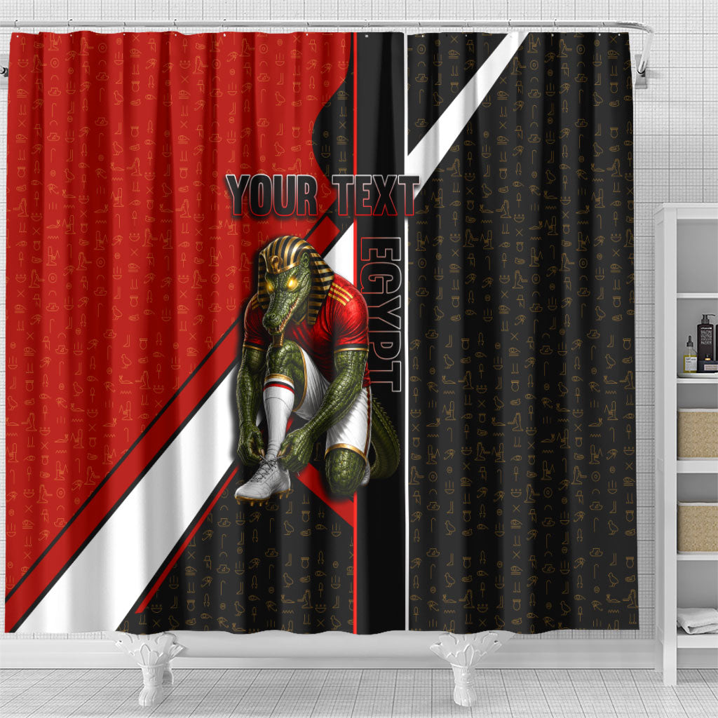 Personalized Egypt Soccer Sobek Crocodile Mascot Shower Curtain Ancient Egyptian Hieroglyphic Stripe