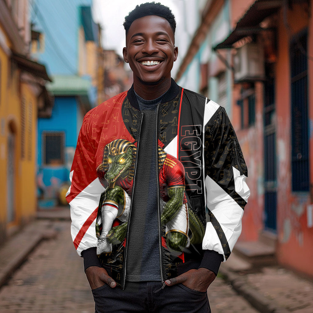 Personalized Egypt Soccer Sobek Crocodile Mascot Sleeve Zip Bomber Jacket Ancient Egyptian Hieroglyphic Stripe