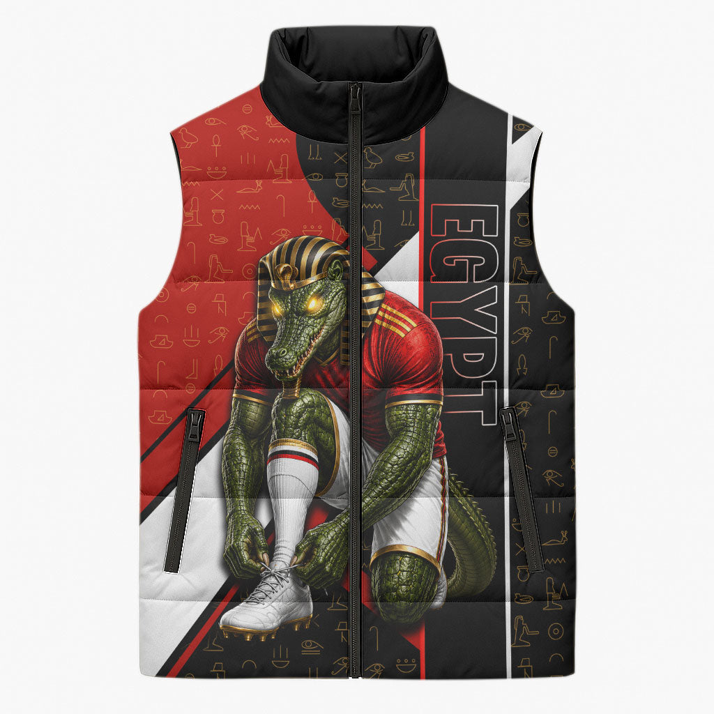 Personalized Egypt Soccer Sobek Crocodile Mascot Sleeveless Puffer Jacket Ancient Egyptian Hieroglyphic Stripe
