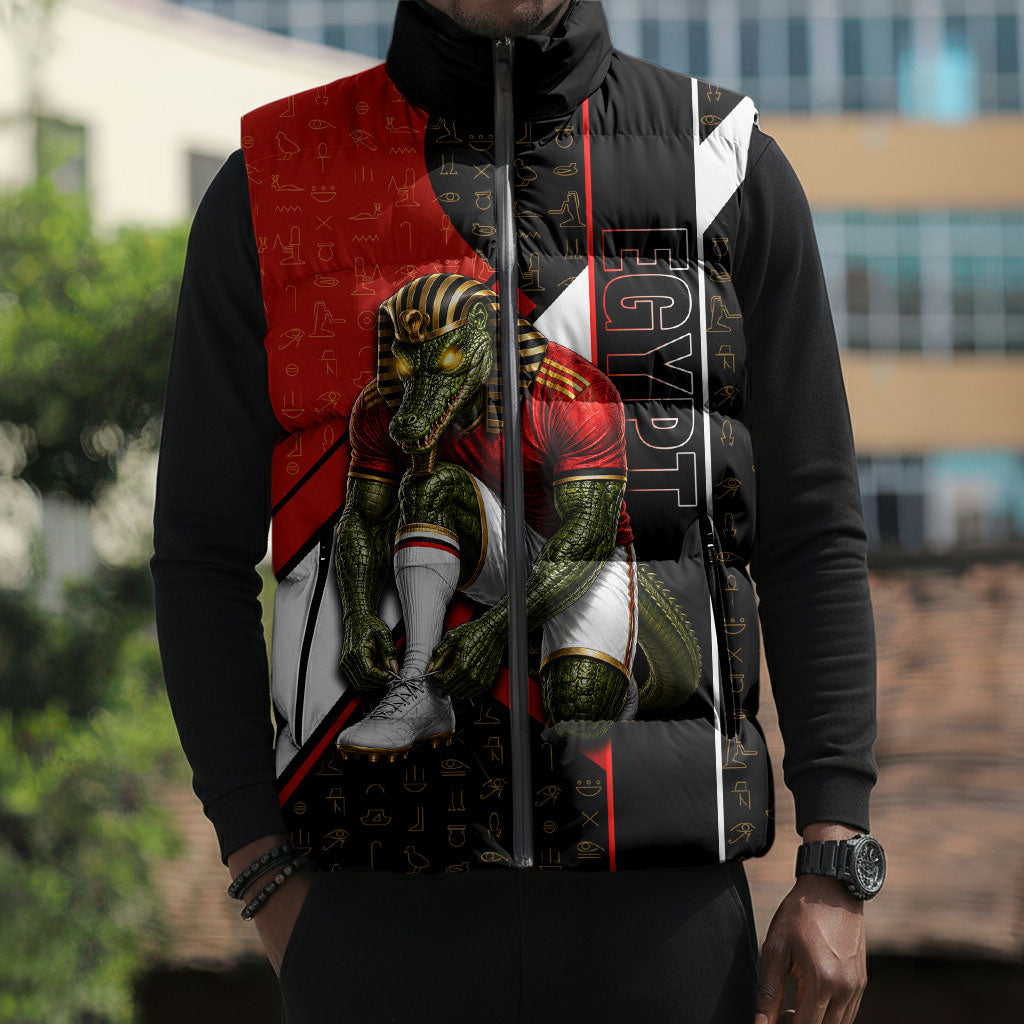Personalized Egypt Soccer Sobek Crocodile Mascot Sleeveless Puffer Jacket Ancient Egyptian Hieroglyphic Stripe