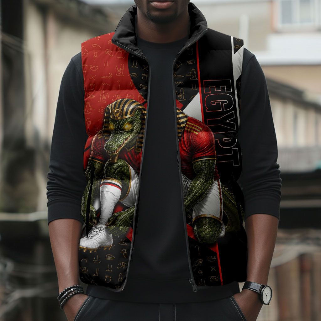 Personalized Egypt Soccer Sobek Crocodile Mascot Sleeveless Puffer Jacket Ancient Egyptian Hieroglyphic Stripe
