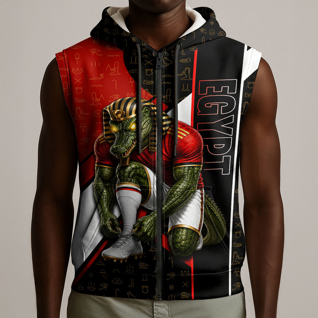 Personalized Egypt Soccer Sobek Crocodile Mascot Sleeveless Zip Hoodie Ancient Egyptian Hieroglyphic Stripe