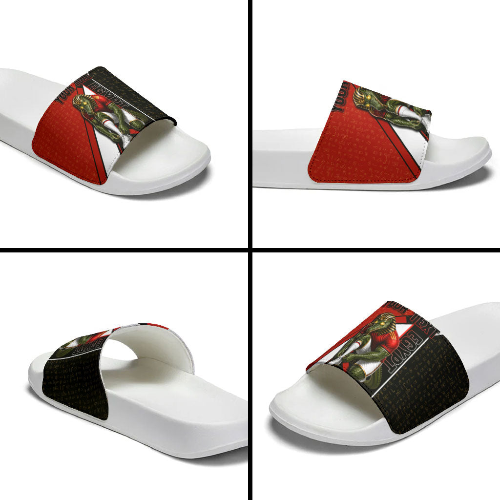 Personalized Egypt Soccer Sobek Crocodile Mascot Slide Sandals Ancient Egyptian Hieroglyphic Stripe