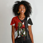 Personalized Egypt Soccer Sobek Crocodile Mascot Women V-Neck T-Shirt Ancient Egyptian Hieroglyphic Stripe