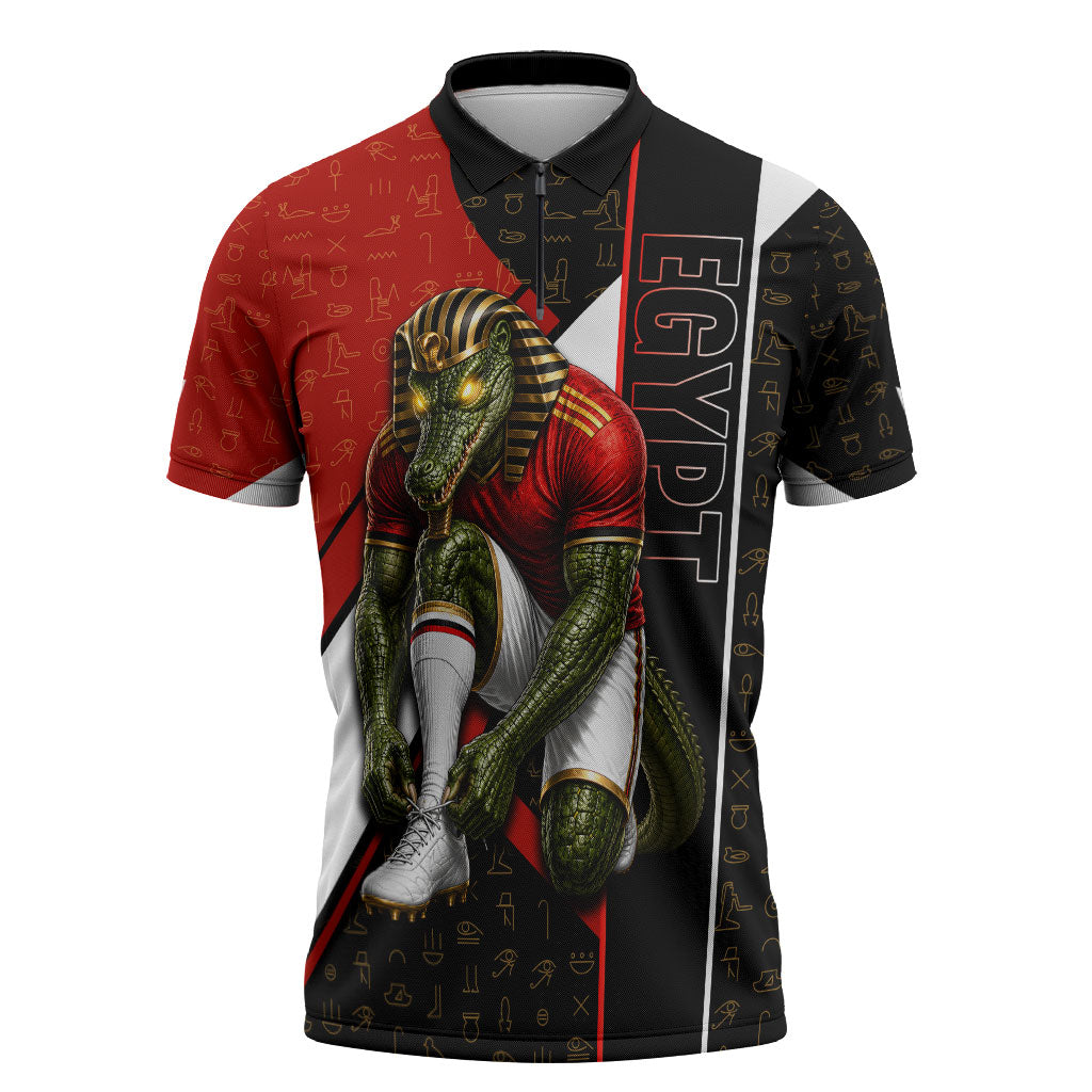 Personalized Egypt Soccer Sobek Crocodile Mascot Zipper Polo Shirt Ancient Egyptian Hieroglyphic Stripe