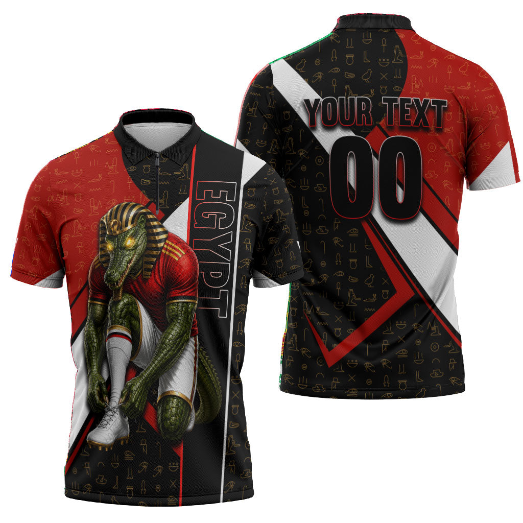 Personalized Egypt Soccer Sobek Crocodile Mascot Zipper Polo Shirt Ancient Egyptian Hieroglyphic Stripe