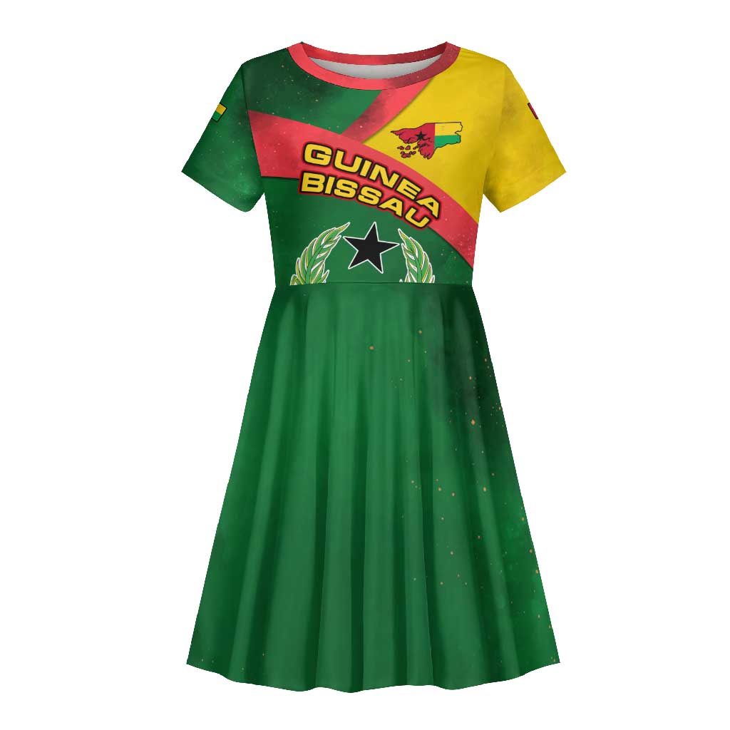 Guinea Bissau Kid Short Sleeve Dress Green Yellow Red Swirl - African Pride