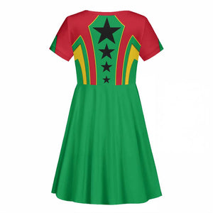 Guinea Bissau Kid Short Sleeve Dress Red Green Yellow Stripe Design and Black Star - African Pride