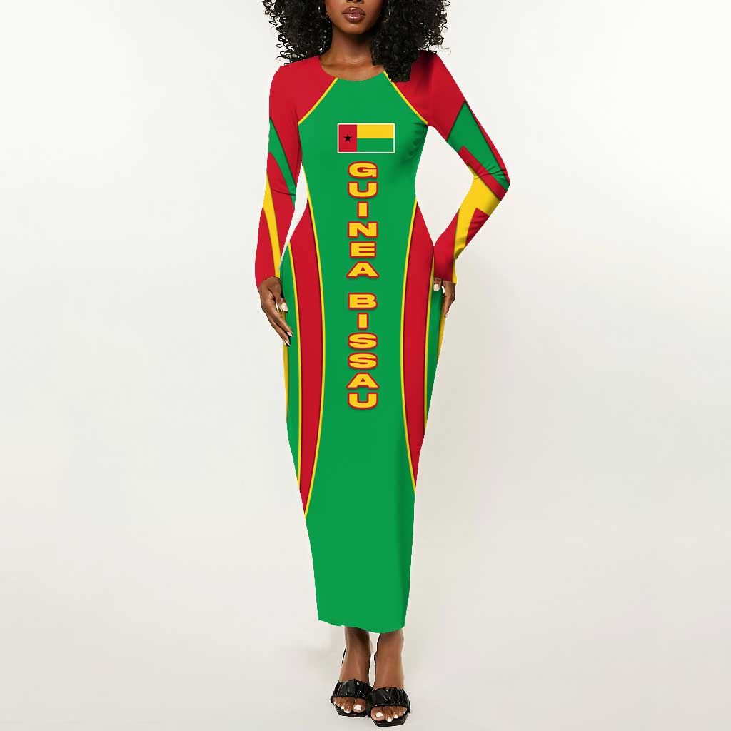 Guinea Bissau Long Sleeve Bodycon Dress Red Green Yellow Stripe Design and Black Star - African Pride