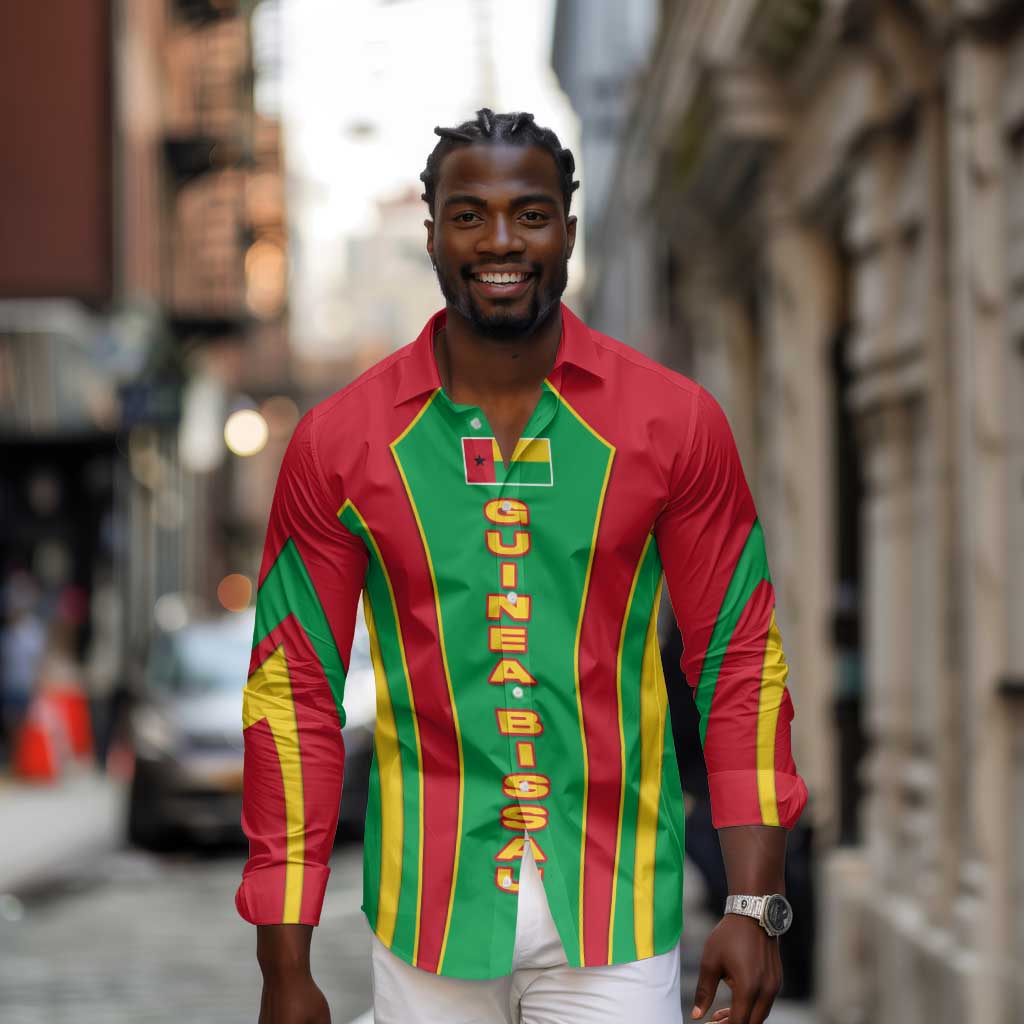 Guinea Bissau Long Sleeve Button Shirt Red Green Yellow Stripe Design and Black Star - African Pride