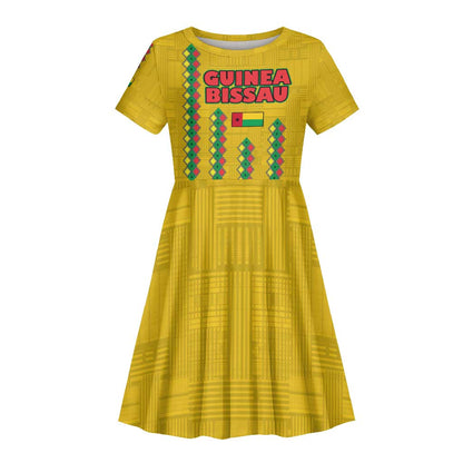 Guinea Bissau Kid Short Sleeve Dress Yellow Tribal Geometric Design and National Flag - African Pride