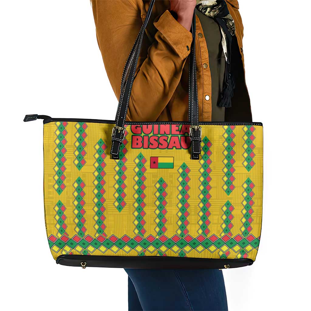 Guinea Bissau Leather Tote Bag Yellow Tribal Geometric Design and National Flag - African Pride