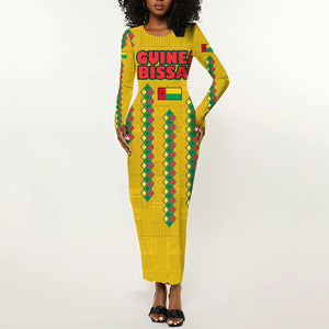 Guinea Bissau Long Sleeve Bodycon Dress Yellow Tribal Geometric Design and National Flag - African Pride