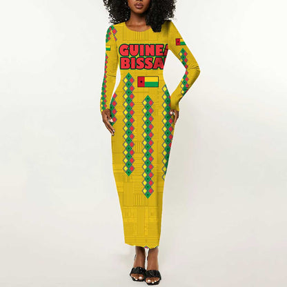 Guinea Bissau Long Sleeve Bodycon Dress Yellow Tribal Geometric Design and National Flag - African Pride