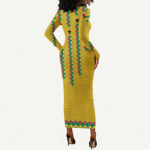 Guinea Bissau Long Sleeve Bodycon Dress Yellow Tribal Geometric Design and National Flag - African Pride