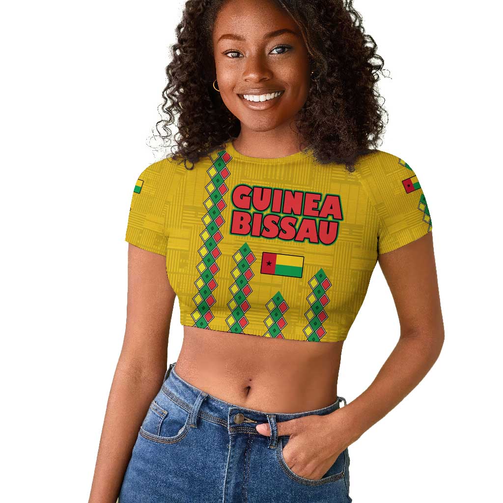 Guinea Bissau Raglan Cropped T shirt Yellow Tribal Geometric Design and National Flag - African Pride